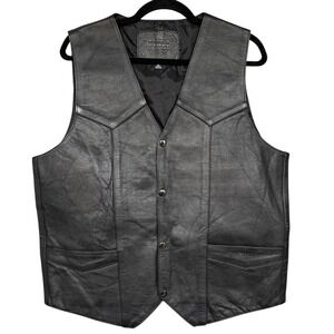 First Vest Mens Large Black Leather Biker Snap Front Lined Pockets Motorcycle